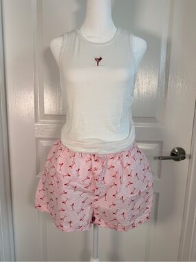 Casual White Ribbed Tank with Pink Martini-Print Boxer Shorts Set